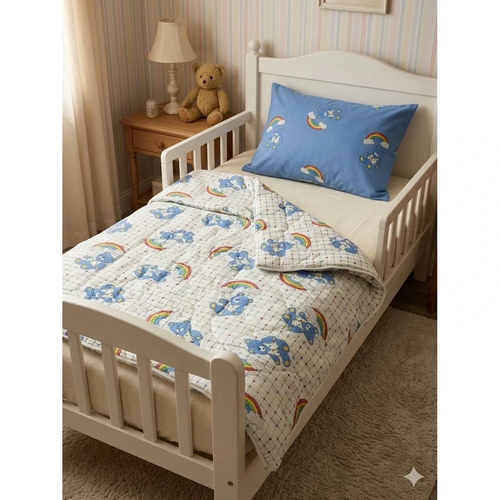 Vintage Quilted Baby Blanket Blue Polka Dot Bear Rainbow Cloud White 32x44